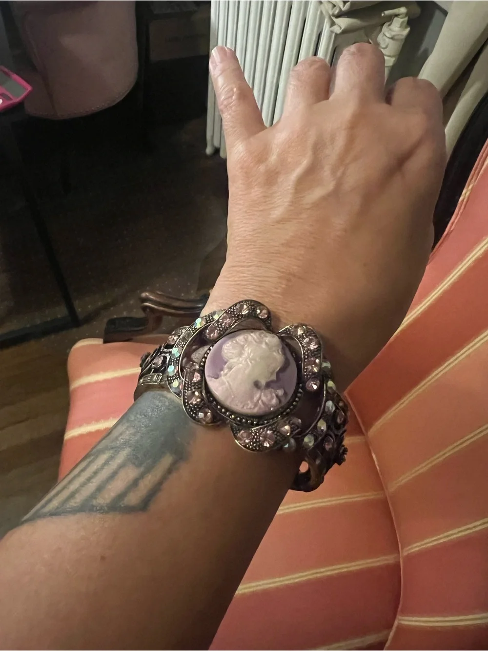 Vintage SDLZ Signed Cameo Clamper Cuff Bracelet Purple AB Rhinestone Victorian